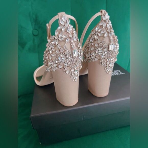 Badgley Mischka Ainsley Crystal Embellished Ankle Strap Sandal, Latte Satin, 9.5 - Picture 7 of 11